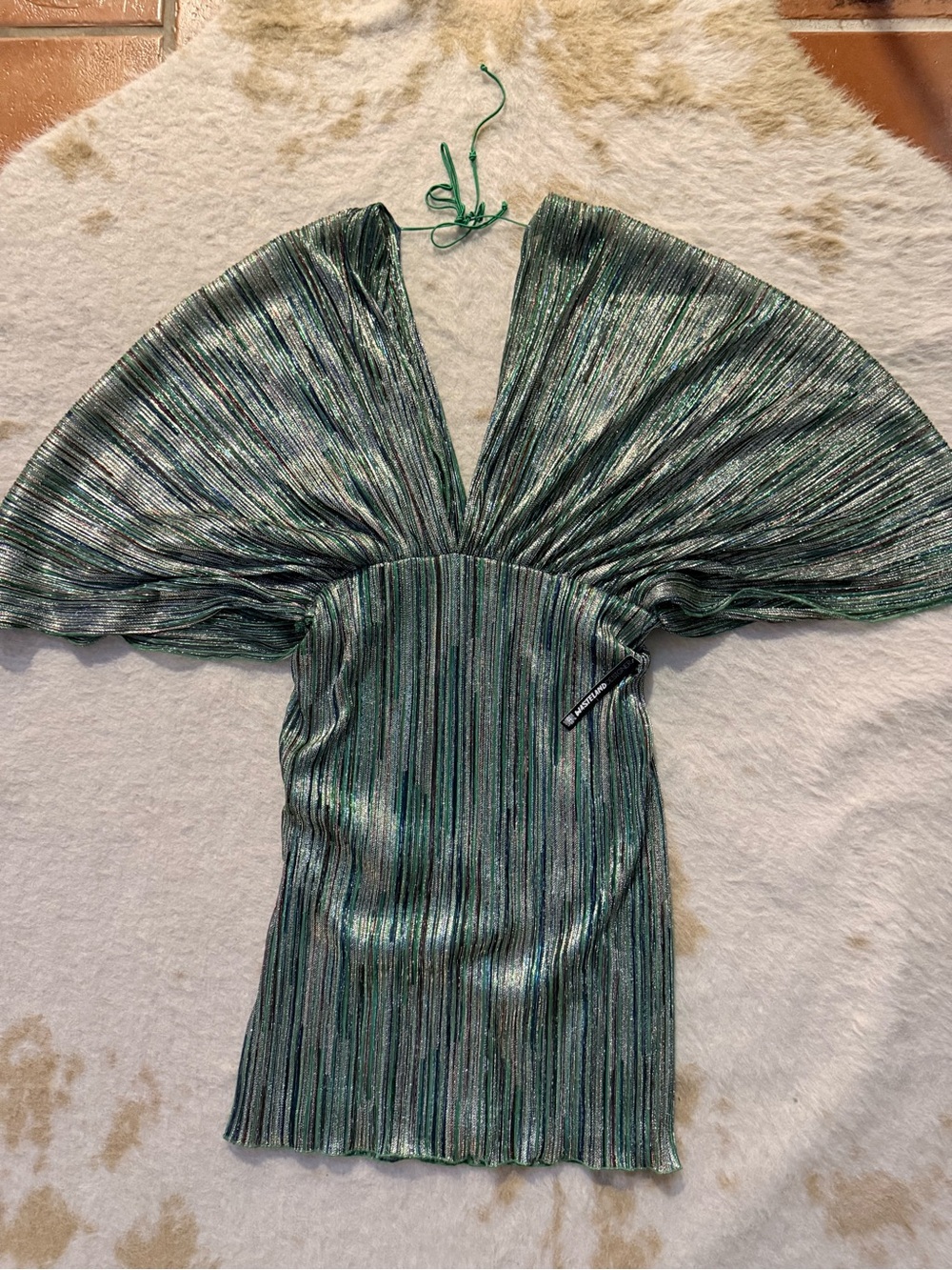 Women’s ROTATE Green Metallic Pleated V-Neck Dress NEW